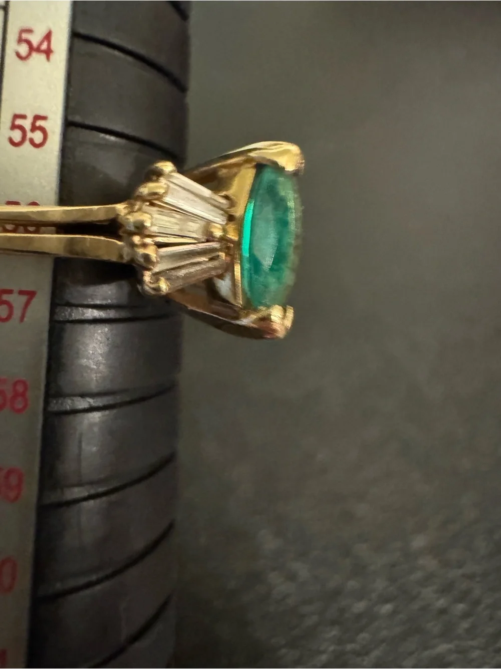 14kt Gold Emerald Ring with Baguette Side Diamonds
